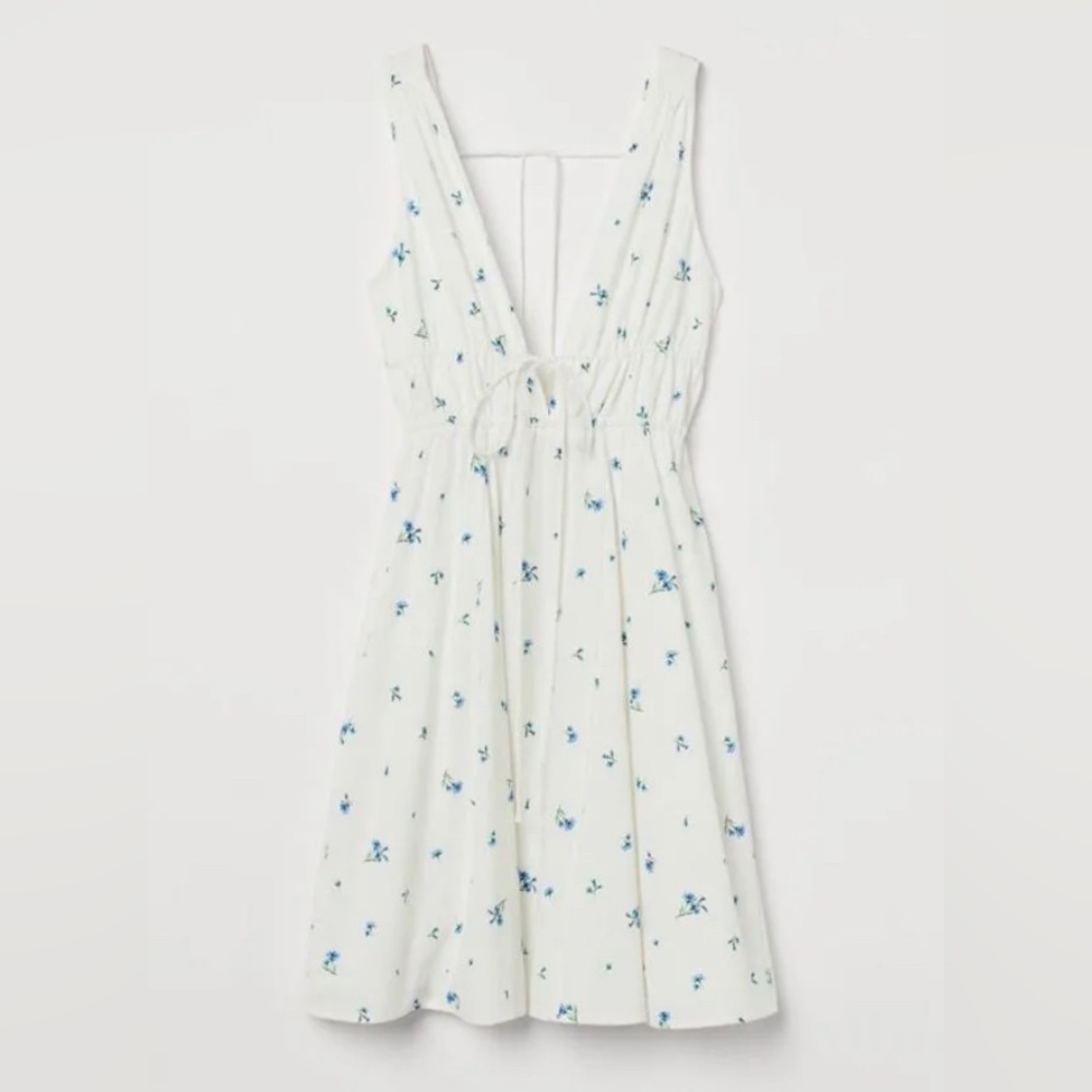 H&M Linen Blend White and Blue Floral Dress with Tie Details - NWT - Large